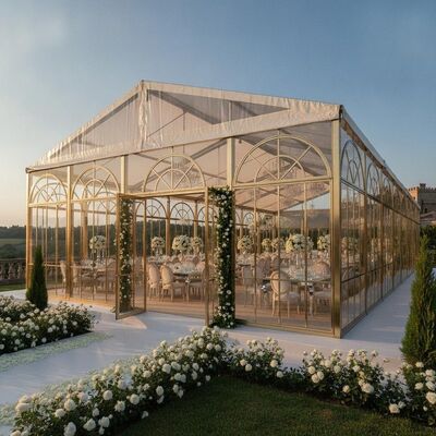 comprare Tenda per tendone per feste di ricevimento di nozze di lusso, parete in vetro temperato, cornice in oro champagne, elegante struttura a baldacchino per luogo europeo fabbricazione online