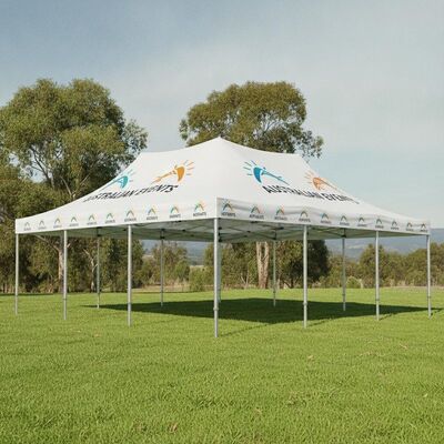 comprare Tenda per feste di marca stampata su misura telaio in alluminio resistente ai raggi UV canopy per eventi australiani fabbricazione online
