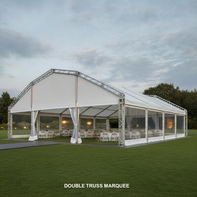 Tenda di festa a marciapiede a doppio traliccio rinforzata con tetto in PVC da 850 grammi e 15 metri di lunghezza