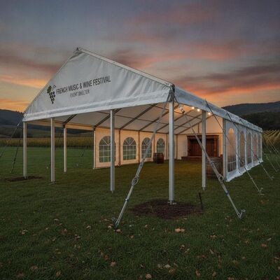 Tenda per tendone per feste per festival resistente, telaio in alluminio rinforzato, kit di ancoraggio anti-tempesta, rifugio per eventi di vino e musica francese
