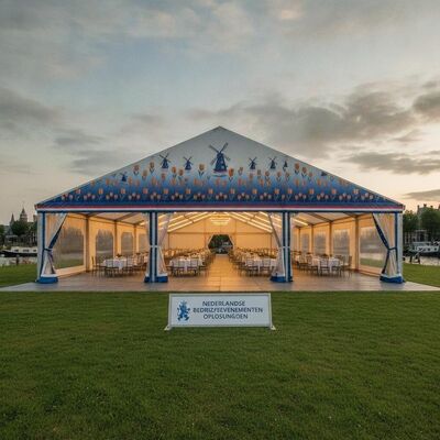 Tenda di festa in alluminio a marchio personalizzato con copertura in PVC stampata digitale per eventi aziendali olandesi