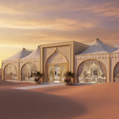 Lussureggiante Deserto Arabo Evento Nuoto Festa Marquette Tenda Climato Controllato Finitura Oro Per Celebrazioni Reali degli Emirati Arabi Uniti