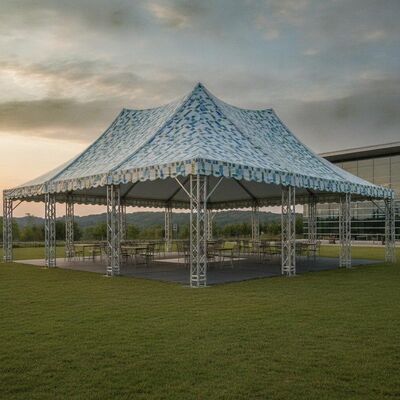 Tenda a padiglione personalizzata stampata per feste, tetto in PVC con marchio OEM, telaio in alluminio per fiere
